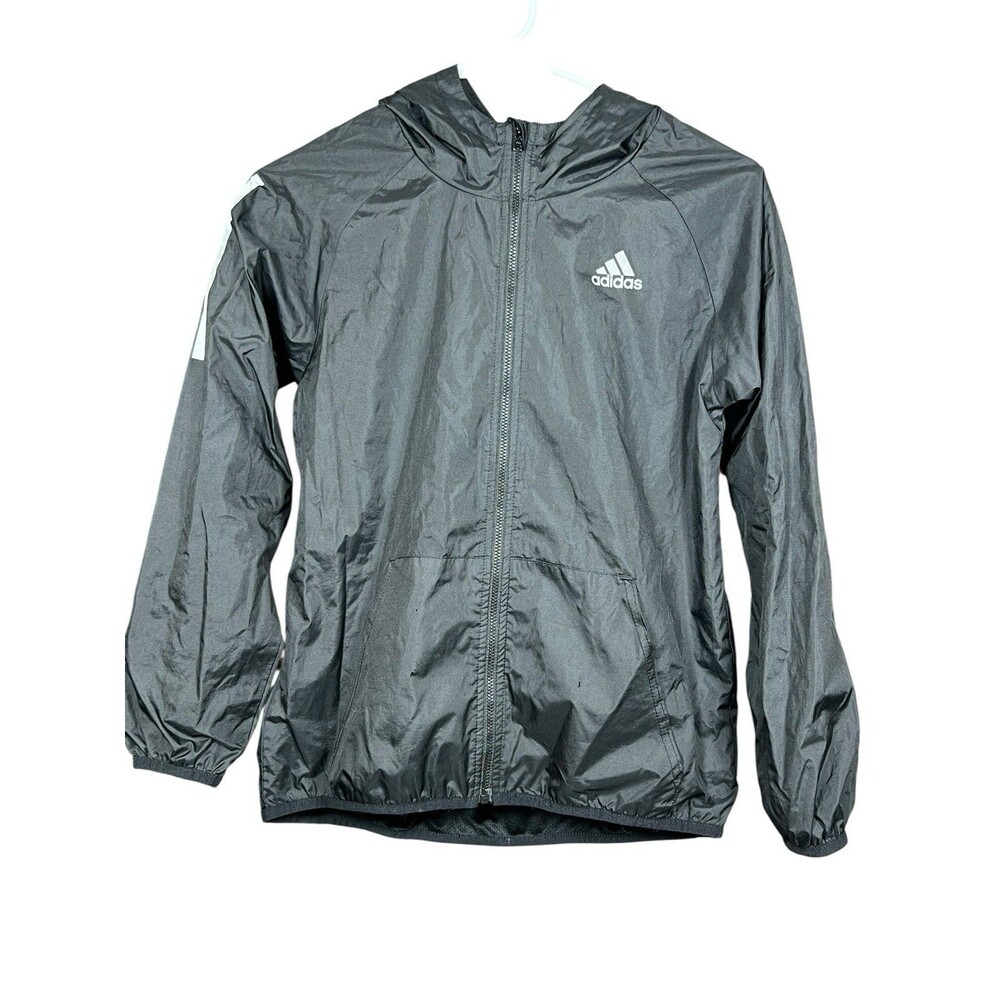 Adidas Kids Boys Girls Windbreaker Jacket 10/12 Black Hooded Zip Up Logo Flaw